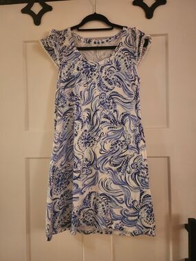 Lillu Pulitzer Essie Blue & White  Swirl Print Cap-Sleeve Dress